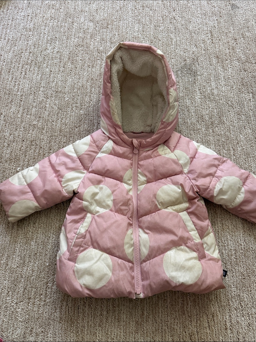 GAP Pink and Cream Polka Dot Puffer Jacket